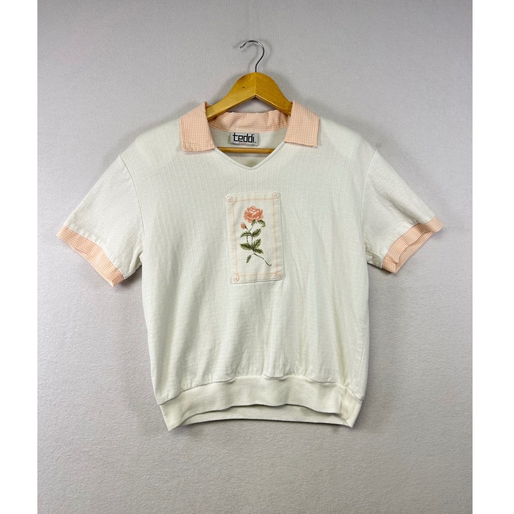 Vintage Teddi Women White Short Sleeve Polo Shirt Embroidered Rose Collar Size M